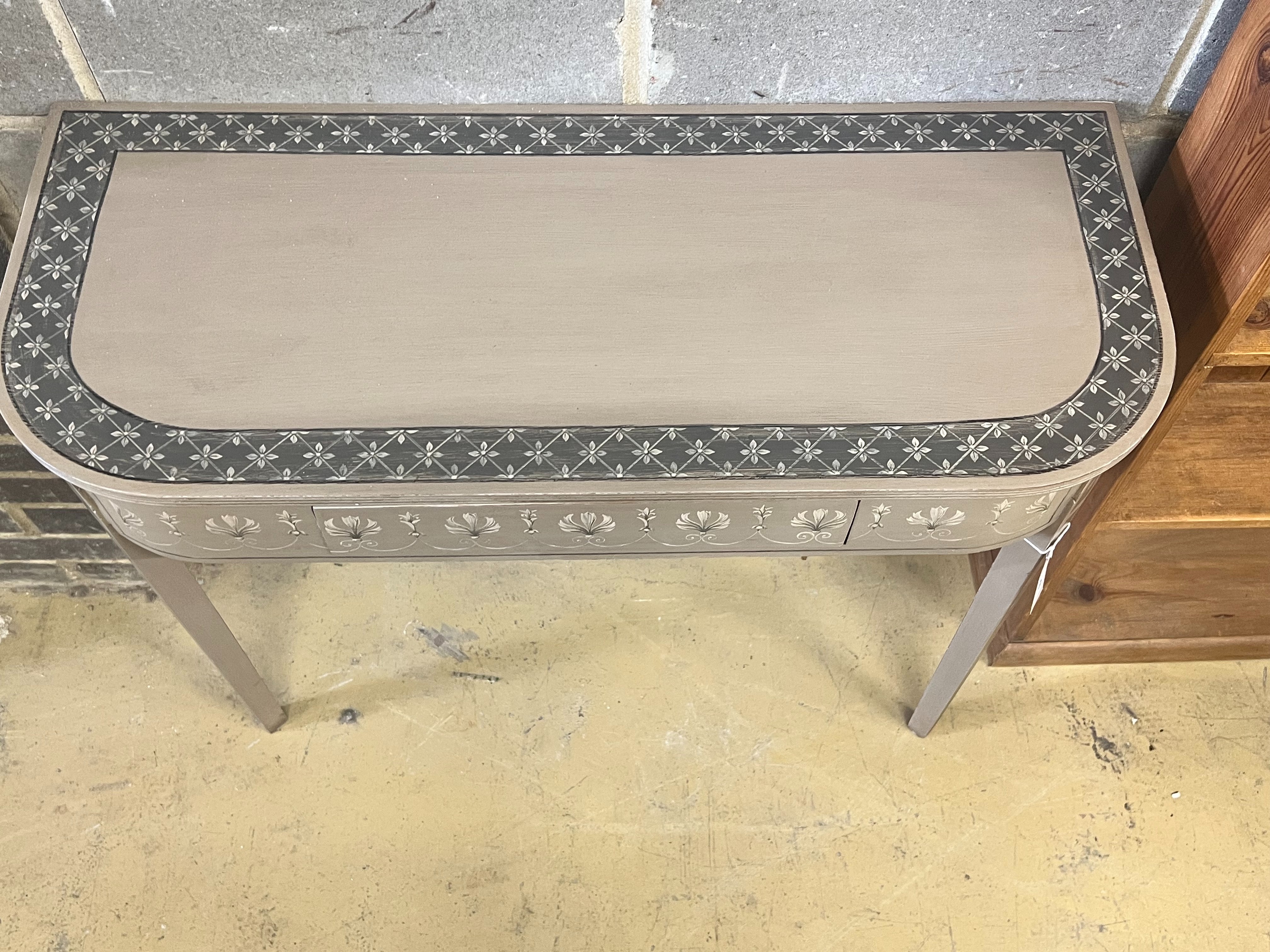 A George III design side table re-painted in a Sheraton style, width 91cm depth 38cm height 72cm